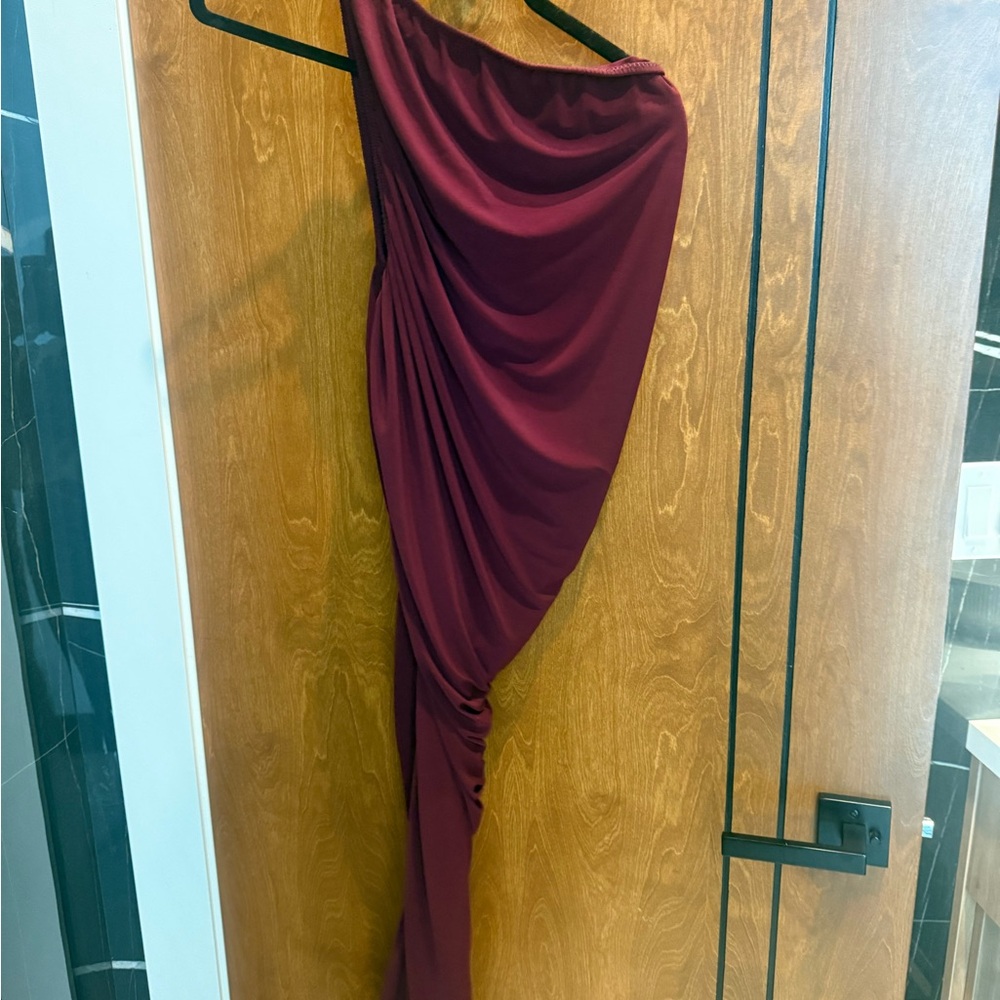 Norma Kamali One-Shoulder Draped Dress in Burgundy